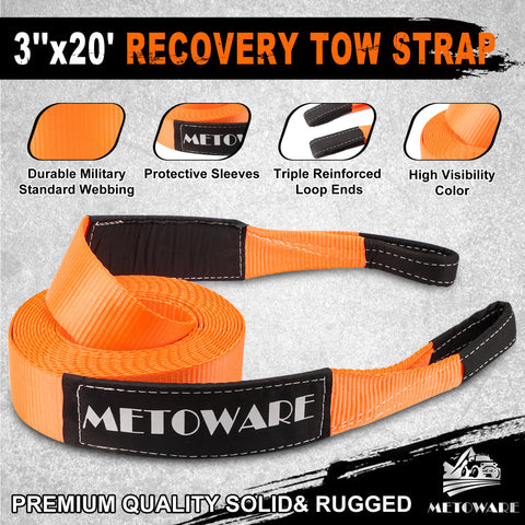 Heavy Duty Tow Strap Recovery Kit With Three Inch By Twenty Foot Strap And 35000 Pound Break Strength