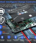 Close-up of MPPT controller circuit board from 12V Solar Battery Charger Kit With 20W Waterproof Panel highlighting features.