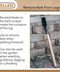 Bark Debarking Tool For Logs With Beveled Blade leaning on stone wall, featuring wooden handle for woodworking and garden use