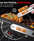 Rechargeable Instant Read Meat Thermometer With Dual Temperature Display And Alarm, Stainless Steel Digital Probe showing on steak