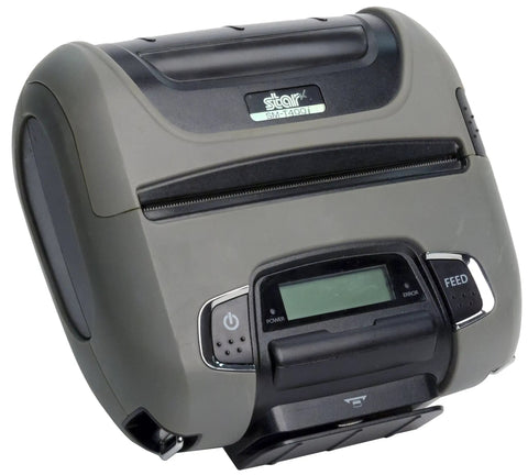 Ultra Rugged Portable Bluetooth Receipt Printer With Built In Tear Bar And Slick Fast Printing, compact gray with control panel.