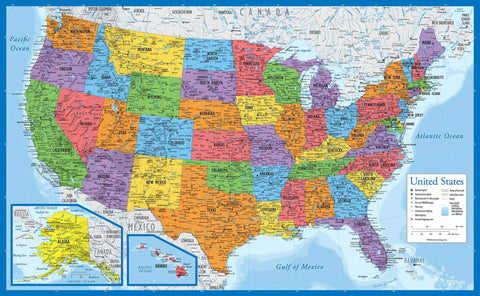 Three Pack World Map Poster Set And USA Map Poster With Periodic Table Chart For Kids, Tear Resistant USA map, 18x29 inches, vibrant colors.