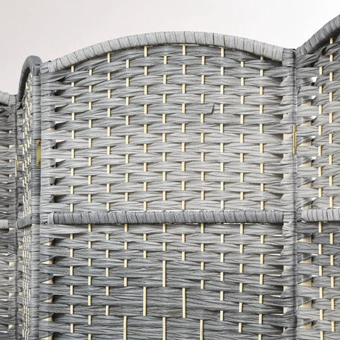 Renters Friendly Ready To Use Six Foot Four Panel Room Divider With Pine Wood Frame Freestanding Privacy Screen Hand Woven PP Panels No Assembly Mixed Gray For Bedroom Or Home Office close-up of hand-woven panels