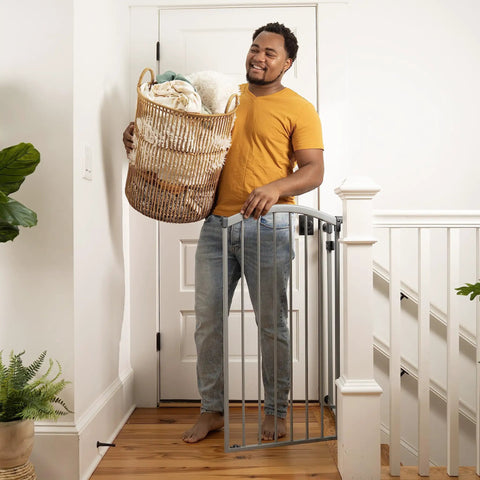 Kid And Pet Safe Gate For Openings 29.5 To 53 Inches Extra Tall 38 Inches No Drill Pressure Mount Or Hardware Mount Walk Through Auto Close Door Fits Doorways Halls Stairs Wall Or Banister Gray