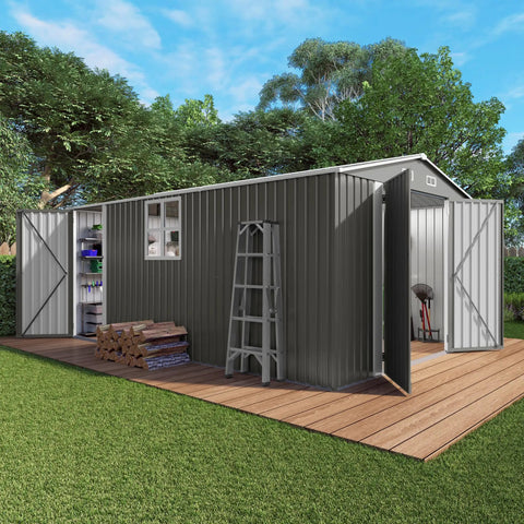 10x14 Foot Galvanized Steel Outdoor Storage Shed with lockable door and window, waterproof garden tool storage, on wooden deck.