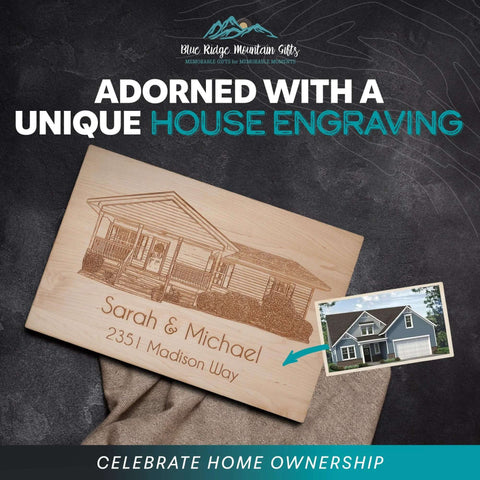 Wood cutting board engraved with a house and names Sarah & Michael, 2351 Madison Way; inset image of blue house.