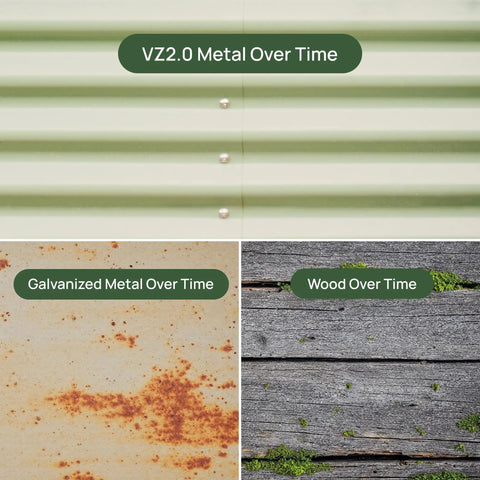 Comparison of VZ2.0 metal, galvanized metal, and wood surfaces for Olive Green 17 Inch Tall 6 In 1 Modular Metal Raised Garden Bed Kit
