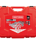 Red case of Pro Grade Mechanics Tool Set 189 Piece With One Quarter Inch Three Eighths Inch And One Half Inch Drive Sockets And Wrenches