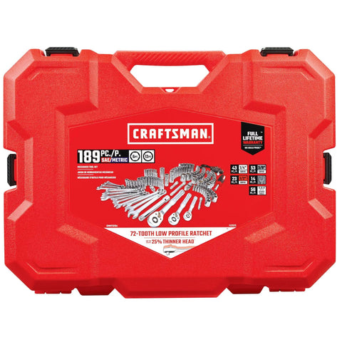 Red case of Pro Grade Mechanics Tool Set 189 Piece With One Quarter Inch Three Eighths Inch And One Half Inch Drive Sockets And Wrenches
