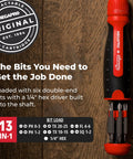 Ratcheting Screwdriver With Pullout Bit Cartridge For Easy Bit Change Red Handled Tool One Quarter Inch Hex Driver Alloy Steel Shaft Palm Saver Cap Made In Canada on wooden background.