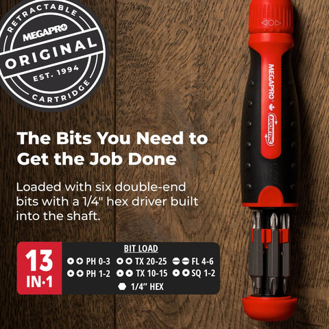 Ratcheting Screwdriver With Pullout Bit Cartridge For Easy Bit Change Red Handled Tool One Quarter Inch Hex Driver Alloy Steel Shaft Palm Saver Cap Made In Canada on wooden background.