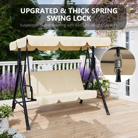 Outdoor Porch Swing With Adjustable Canopy, 3 Seat Patio Swing On A Sturdy Stand For Adults displayed on wooden deck