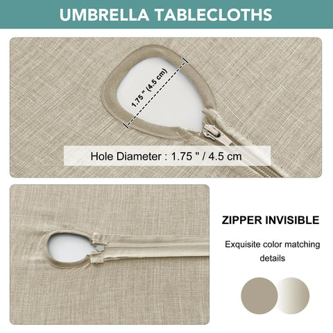 Close-up of Outdoor Tablecloth With Umbrella Hole, Rectangular 60x84 Inches, Linen Look Polyester Patio Table Cover, Water Resistant, zipper detail.