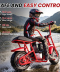 Child riding 40Cc Gas Powered Mini Dirt Bike For Kids 8 14 with Automatic Transmission, Pull Start, LED Headlight, in red on water.