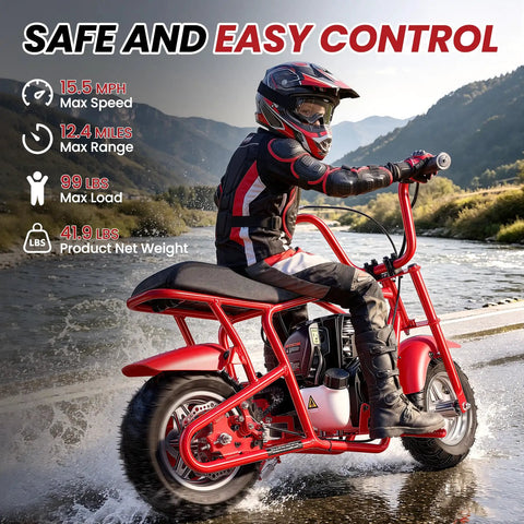 Child riding 40Cc Gas Powered Mini Dirt Bike For Kids 8 14 with Automatic Transmission, Pull Start, LED Headlight, in red on water.