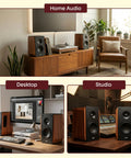 Powered Bookshelf Speakers With Bluetooth, 80W RMS, Bass Reflex Natural Wood Cabinet in home, desktop, and studio setups.