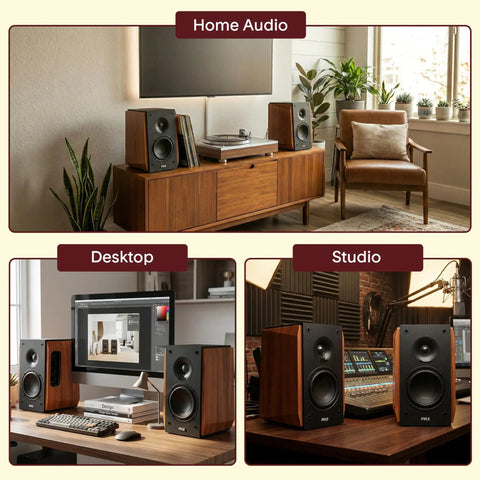 Powered Bookshelf Speakers With Bluetooth, 80W RMS, Bass Reflex Natural Wood Cabinet in home, desktop, and studio setups.