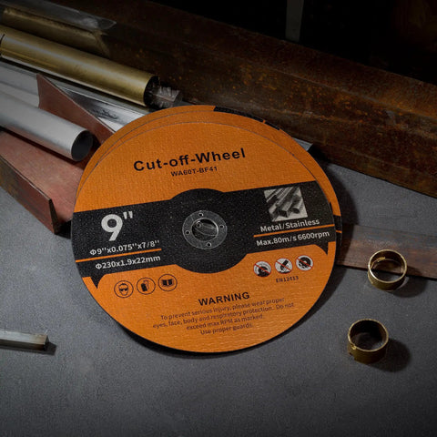 10 Pack 9 Inch Cut Off Wheels 0.075 Inch Thick 7/8 Inch Arbor for angle grinder, shown with metal materials