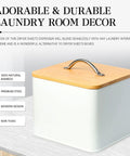 Farmhouse Laundry Organizer And Storage Box With Bamboo Lid Dryer Sheet Holder Laundry Room Essentials For A Cozy Boho Vibe Includes One Box And Four Sticker Labels In Various Designs.