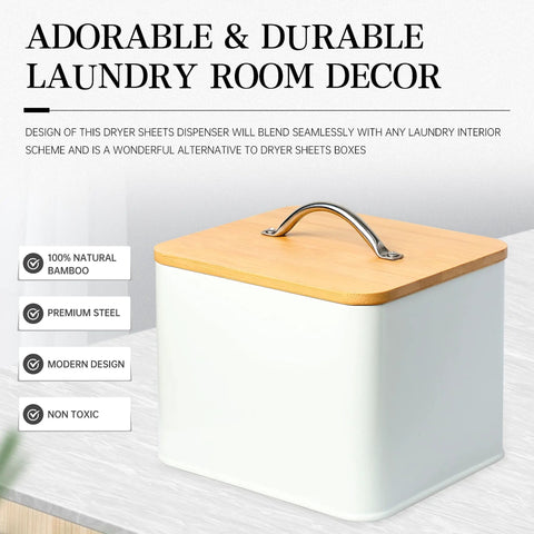 Farmhouse Laundry Organizer And Storage Box With Bamboo Lid Dryer Sheet Holder Laundry Room Essentials For A Cozy Boho Vibe Includes One Box And Four Sticker Labels In Various Designs.