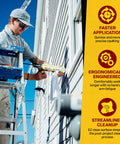 Worker using ETS3000 18 To 1 Caulk Gun Heavy Duty Pro Builder Grade with unibody on house exterior, ergonomic design visible