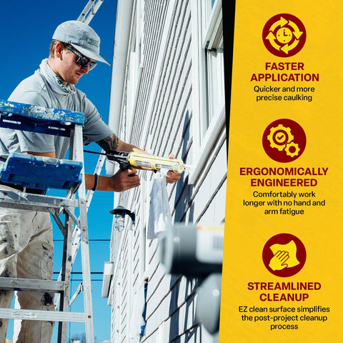 Worker using ETS3000 18 To 1 Caulk Gun Heavy Duty Pro Builder Grade with unibody on house exterior, ergonomic design visible