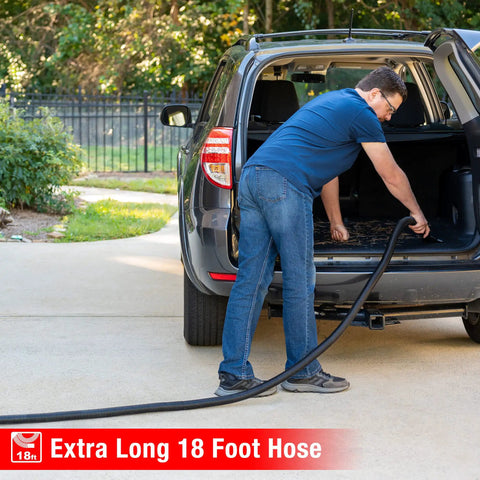 Person using 5 Gallon Wet Dry Vacuum With 5.5 Peak HP, Wall Mountable Shop Vacuum For Garage Car And Workshop, Includes 18 Foot Hose