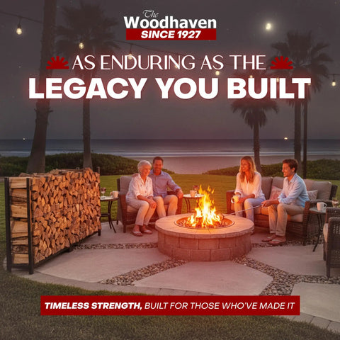 Heavy Duty Steel Firewood Rack For Indoors And Outdoors Built To Last Holds Half Cord Of 24 Inch Logs in outdoor setting