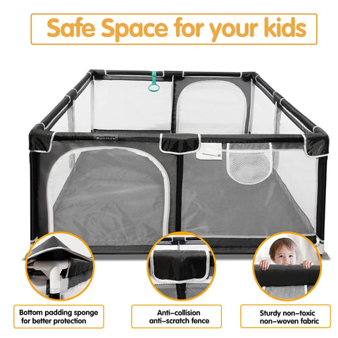 50x50 Inch Baby Playpen Play Yard Indoor Outdoor Gate For Toddlers And Babies, All View Mesh Design, waterproof Oxford cloth, stainless steel frame, non-slip base, CPC certified, easy setup, safe and spacious activity center, front view