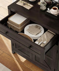 Open drawer of dark brown coffee bar cabinet with plates and napkins, part of coffee bar cabinet with drawer and two door cabinet modern farmhouse kitchen storage sideboard barn door accent buffet for dining room or entryway adjustable shelves and sturdy wide top for microwave and small appliances dark brown