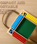 Shut The Box Dice Game Wooden Board Game for 2 to 4 Players compact board shown in a bag, ideal for travel and portability.