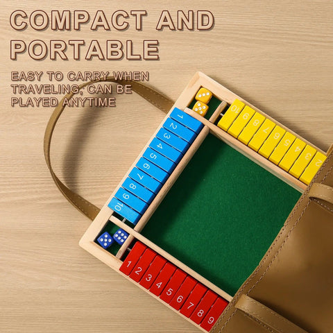 Shut The Box Dice Game Wooden Board Game for 2 to 4 Players compact board shown in a bag, ideal for travel and portability.