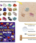 Gem Stone Dig Kit With 16 Real Gems And Crystals Including Quartz Point And Amethyst STEM Education For Kids Fun Rock Mining Science Activity Gift Set For Girls And Boys, displaying gemstones, digging brick, tools, and guide.