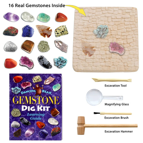 Gem Stone Dig Kit With 16 Real Gems And Crystals Including Quartz Point And Amethyst STEM Education For Kids Fun Rock Mining Science Activity Gift Set For Girls And Boys, displaying gemstones, digging brick, tools, and guide.