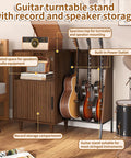 Mid Century Music Cabinet With Built In Outlets And Vinyl Record Storage Sturdy Guitar Stand with guitars and speaker storage.