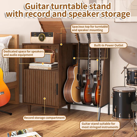 Mid Century Music Cabinet With Built In Outlets And Vinyl Record Storage Sturdy Guitar Stand with guitars and speaker storage.