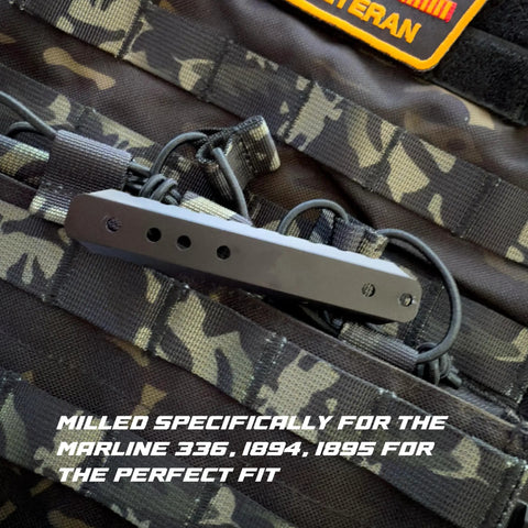 11 Slot Scope Base for Marlin Rifles 336 1894 1895, mounted on camouflage gear, showing precise machining details