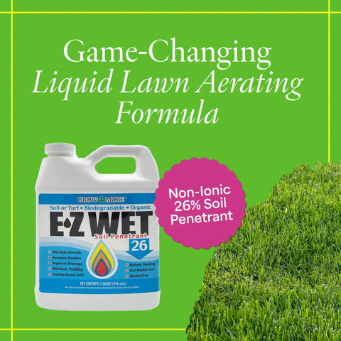 EZ Top Notch Wet Soil Penetrant 26 Percent Non Ionic Surfactant container next to lawn