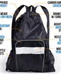 Mesh Swim Bag With Separate Wet And Dry Compartments For Swimming Beach And Camping Gear black with pockets and straps.