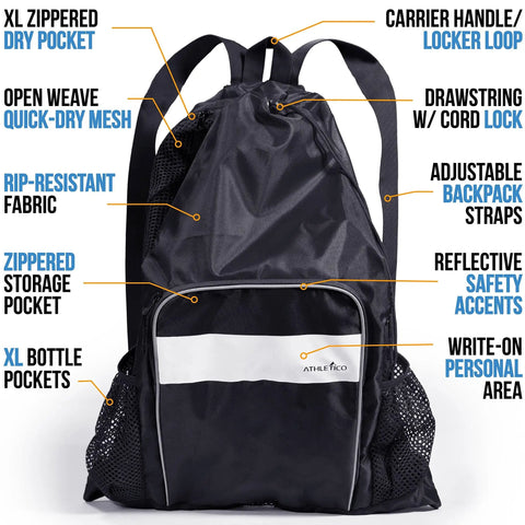Mesh Swim Bag With Separate Wet And Dry Compartments For Swimming Beach And Camping Gear black with pockets and straps.