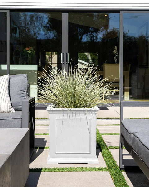 Cube Plastic Planter For Indoor And Outdoor Use, All Weather Durable Square Plant Pot With Drainage Holes on patio