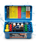 Top Shelf Saltwater Pool Test Kit Featuring FAS DPD High Range Chlorine Checker For Spas And Pools That Tests Nine Essential Water Parameters Daily Now in a blue plastic case with color-coded tests.