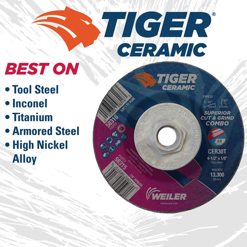 Tiger Ceramic Type 27 Cut Off And Grind Combo Wheel 4 1/2 Inch By 1/8 Inch CER30T for cutting and grinding metal like tool steel and titanium