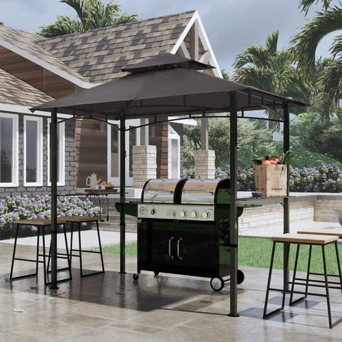 8 By 5 Foot Outdoor Grill Gazebo With Double Tier Canopy And LED Light, BBQ Party Shelter For Backyard Cookin, Rustproof Steel Frame, Patio Shade, Gray over a grill in a backyard setting.