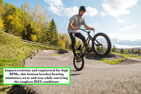 Euro Sealed Bottom Bracket Bearing For BMX And Freestyle Bikes With 19mm Spindle, cyclist on BMX track