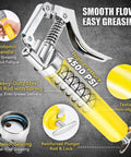Mini Grease Gun Kit With 4500 PSI Power showing ergonomic handle, steel pull rod, and transparent body with yellow grease