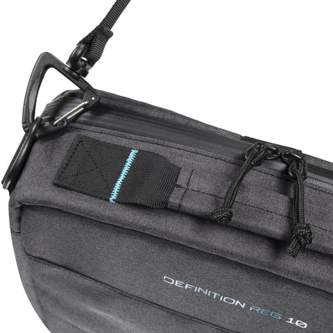 Close-up of Durable Scuba Gear Bag With Adjustable Shoulder Strap And Top Handle For Travel And Dive Days Premium Recycled Gray Fabric With Blue Accents