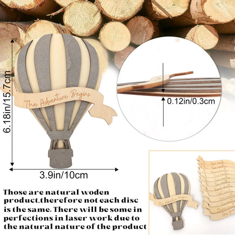 Wooden Hot Air Balloon Monthly Milestone Cards For Babies with size and thickness details shown