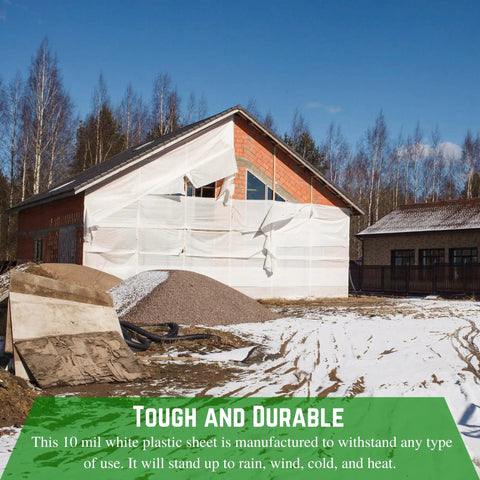 House covered with White 10 Mil Heavy Duty Plastic Sheeting Polyethylene Film For Drop Cloths And Vapor Barrier 20x100 feet roll