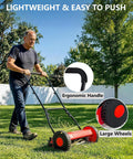 14 Inch Hand Push Reel Lawn Mower With A Five Blade Cutting Reel For A Clean Scissor Cut, No Fuss Manual Push, Adjustable Cutting Height From 0.4 To 4 Inches, Selectable 14 Or 16 Inch Width For Small Yards And Dry Grass. man pushing red reel mower with ergonomic handle and large wheels on lawn